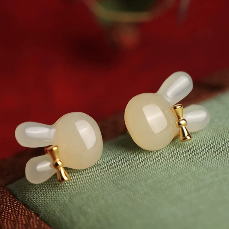 Natural Hetian Jade Rabbit Stud Earrings - Traditional Silver Craftsmanship