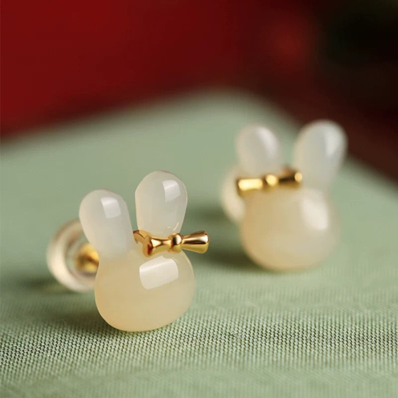 Natural Hetian Jade Rabbit Stud Earrings - Traditional Silver Craftsmanship