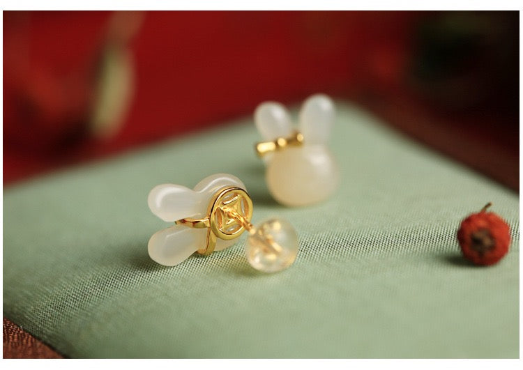 Natural Hetian Jade Rabbit Stud Earrings - Traditional Silver Craftsmanship