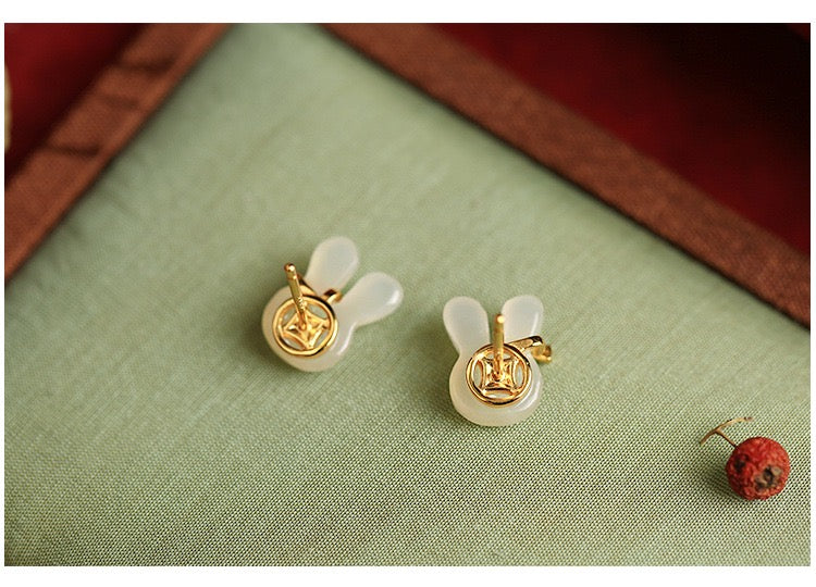 Natural Hetian Jade Rabbit Stud Earrings - Traditional Silver Craftsmanship