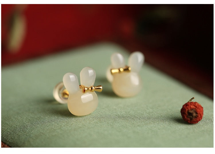 Natural Hetian Jade Rabbit Stud Earrings - Traditional Silver Craftsmanship