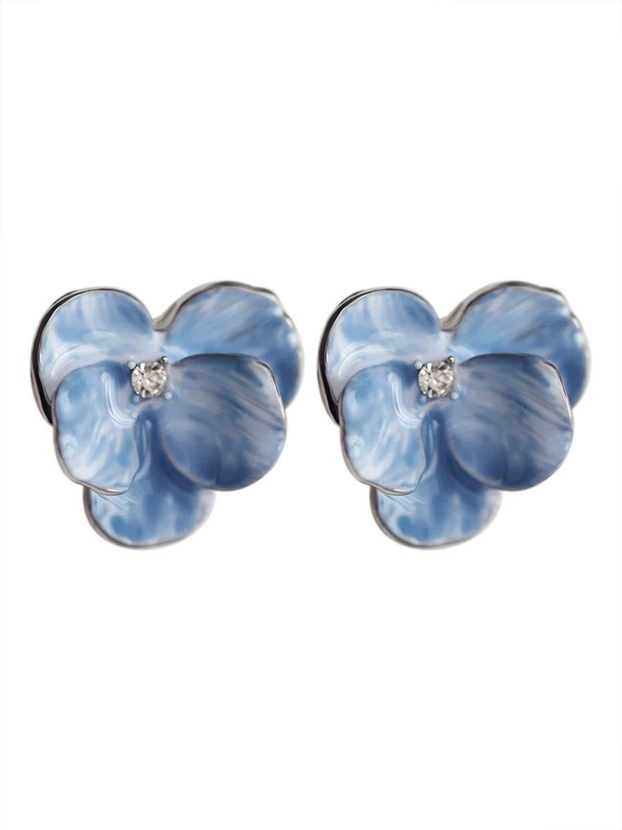 Vintage Blue Flower Stud Earrings - Brass Floral Design