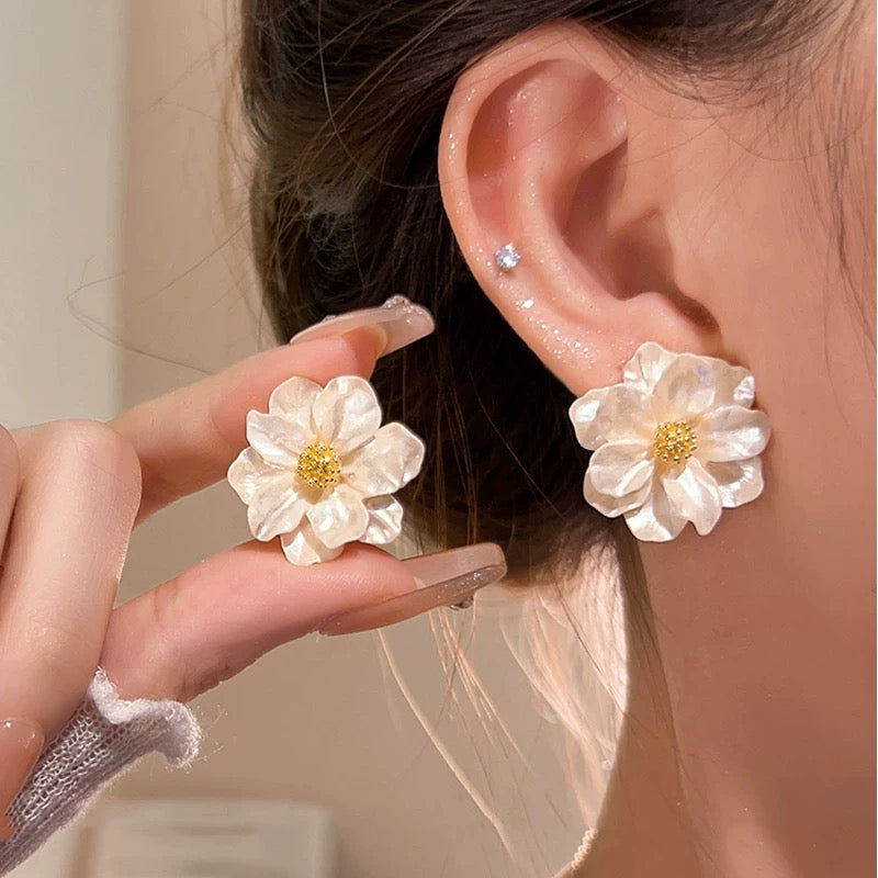 French Elegant Camellia Stud Earrings - Luxury Chic Design