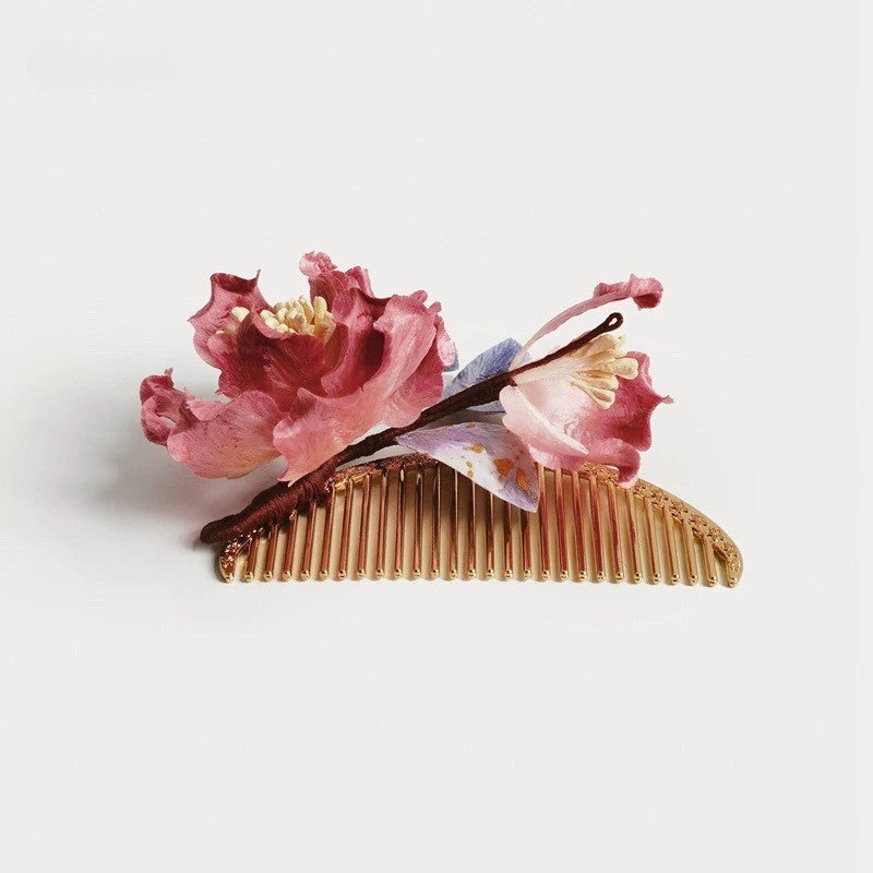 Handcrafted Velvet Red Peony Hair Comb - Traditional Floral Hair Accessory